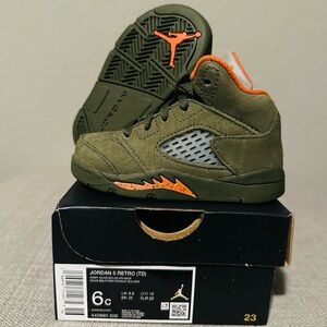 Jordan 5 Retro (TD), Size 6c, Army Olive Solar Orange